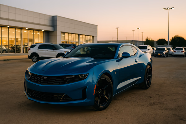 Professional car dealership showroom with sales representative helping customers