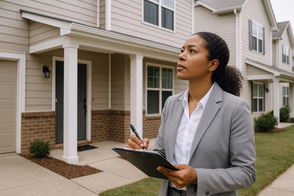 Professional property manager meeting with tenants at a residential property