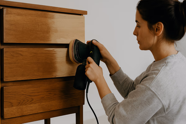 Professional refinishing a wooden furniture piece