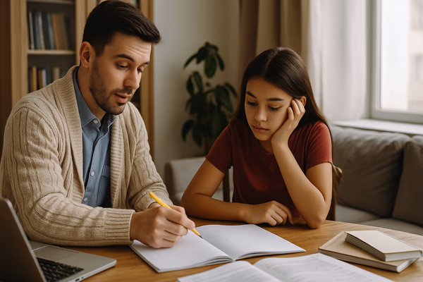 Professional tutor working with a student at a desk with books and learning materials