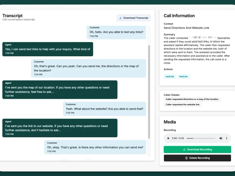 AI phone answering call details and transcripts