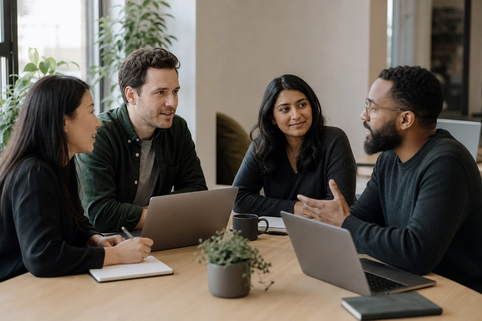Software product team collaborating around a table